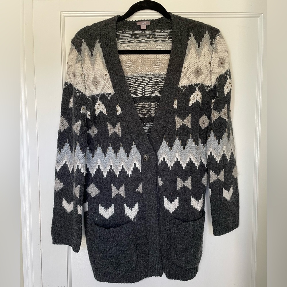 JJill Cardigan Sweater.  Grays, White & Cream patterned sweater